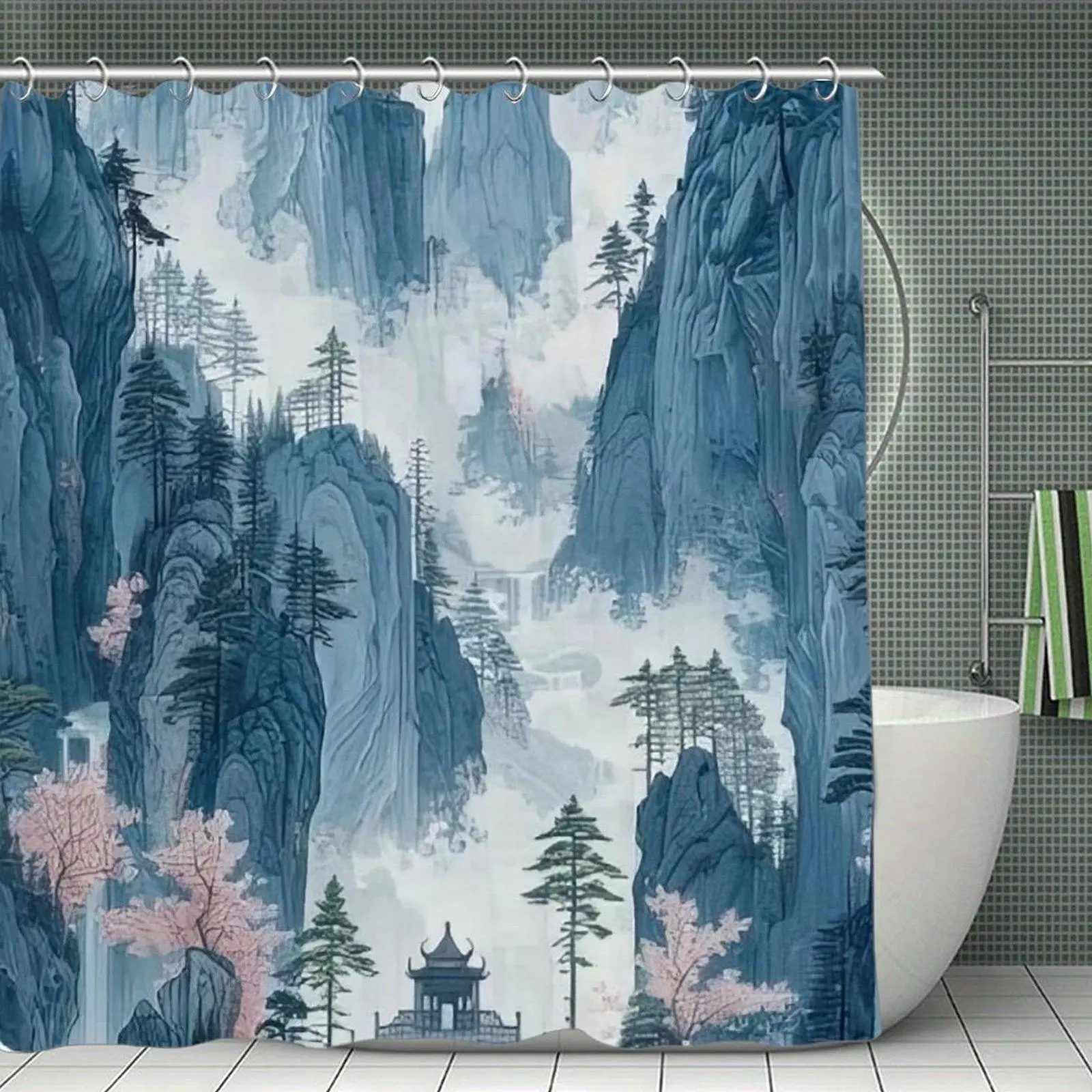Waterproof Chinese Mountain Landscape With Pavilion Print Shower Curtain - Oriental Scenery Bathroom Decor with Stainless Steel Hooks, Bathtub & Window Compatible Home Bathroom Supply
