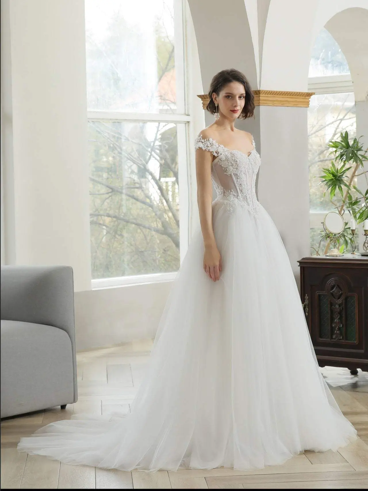 Women's Sleeveless Estelle Basque Waist Wedding Dress - Beaded Floral Detail, Elegant, Chic, Glamorous, Luxury Wedding Dresses, Elegant Wedding Dresses