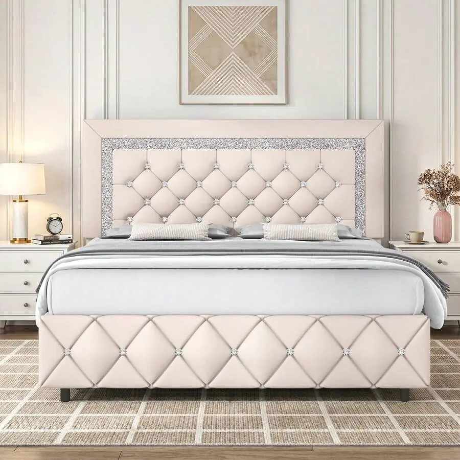 Twin/ Full/ Queen/ King Size Bed Frame, Upholstered Bed Frame With Diamond Headboard And Footboard, Pearl White/ Beige/ Black/ Grey/ Pink/ Purple/ Green, Bed Frames