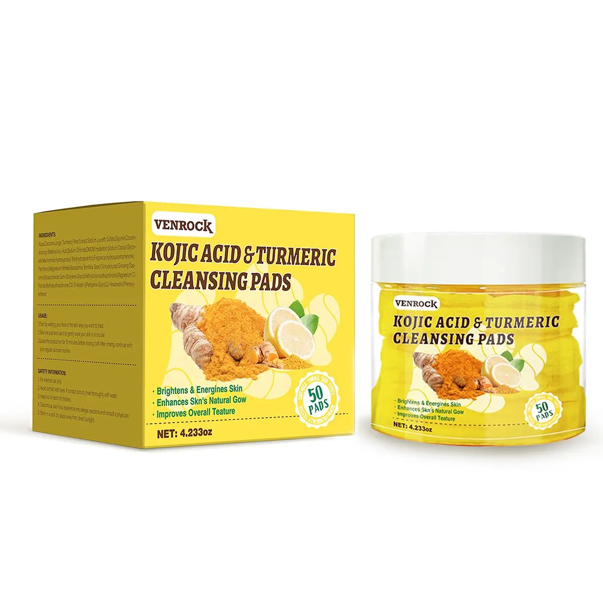 Venrock Turmeric & Kojic Acid Cleansing Pads - Gentle, Soothing, Natural Facial Dry Wipes for Daily Makeup Removal & Skincare, Makeup Remover, Pre-Soaked, Calms Skin, Turmeric Extract, Sensitive Skin