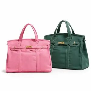 Canvas Tote Bag for Women, Structured Top Handle Handbag with Gold-Tone Turn-Lock Detail for Work, Shopping and Everyday Use