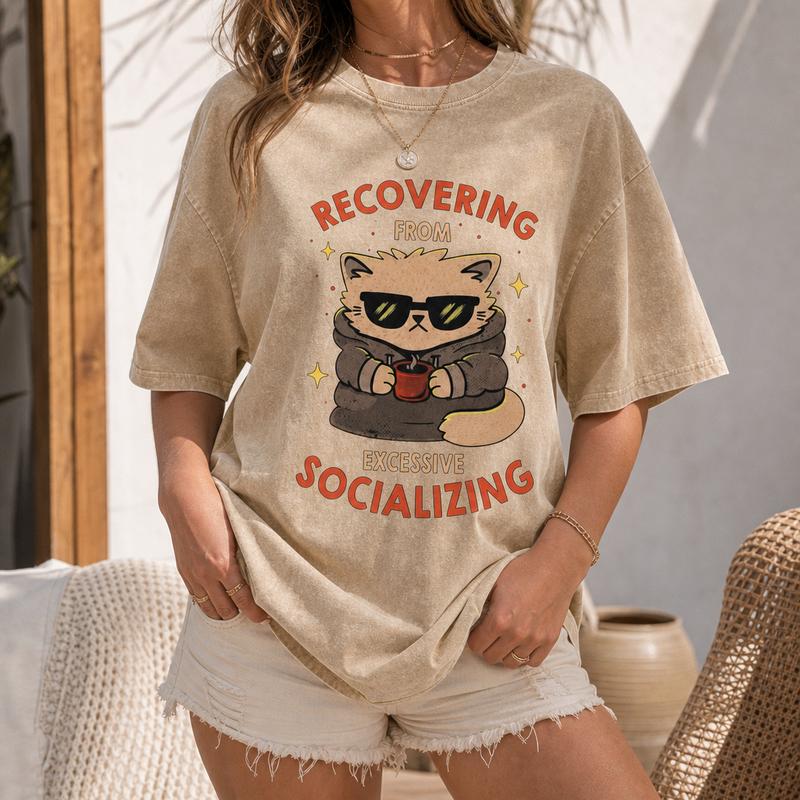 Recovering From Socializing Cat Graphic Tee for Women, Washed Cotton Oversized Introvert Shirt S-5XL