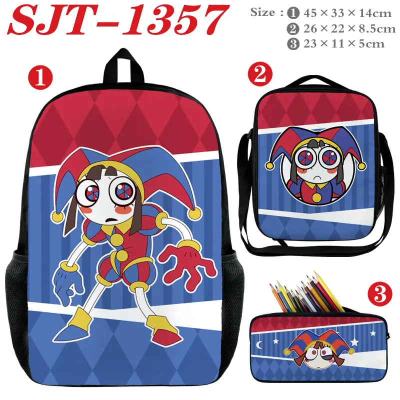 Kids' 3-Piece Whimsical Cartoon Print Digital Circus Backpack Set, Oxford Cloth School Supplies Bag with Insulated Lunch Box, Minimalist Design, Zipper Closures, Adjustable Straps, 15-inch Laptop Fit, Durable, Hand Wash Only
