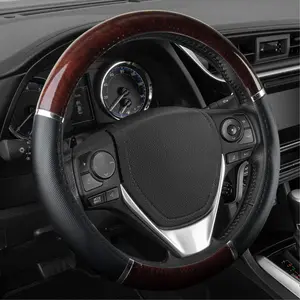 Dark Wood Grain Car Steering Wheel Cover, Standard 15 inch with Black Faux Leather Grip, Made to Fit Most Auto Truck Van SUV