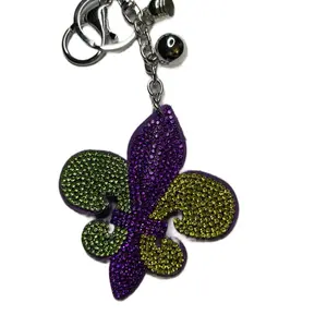 Mardi Gras Fleur-de-Lis Rhinestone Bag Charm - Purple and Green Festive Fashion Accessory, Decoration Keychain