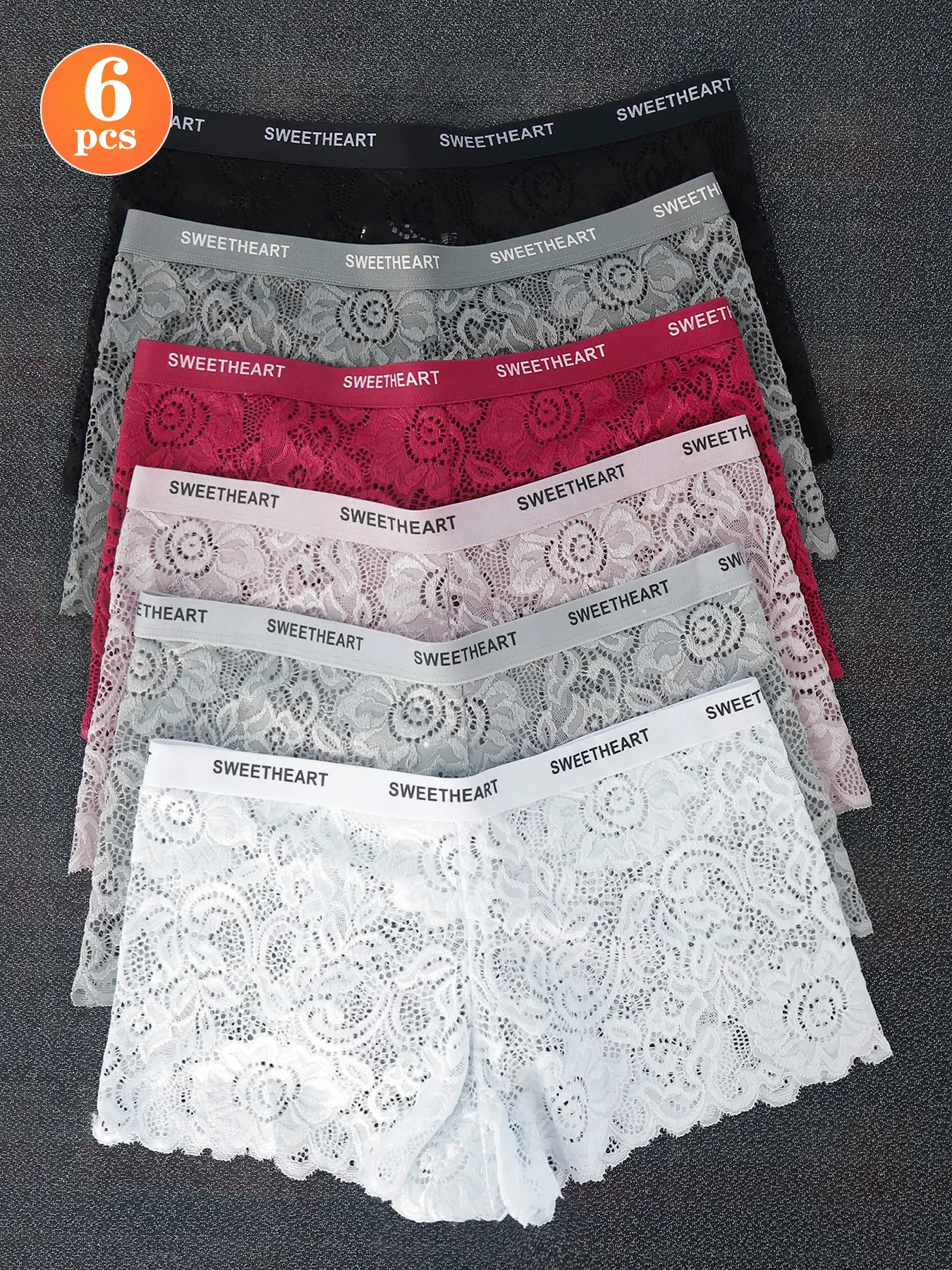 FINETOO Women's Sweetheart 6-Pack Lace Underwear - Assorted Pack, Comfortable Lightweight, Lace Accented, Soft Fabric, Bundle Briefs with Lettering Waistband, Breathable Elegant, S-XL, Daily/Casual Wear, Local Shipping, Lingerie Essential, Assorted Pack B