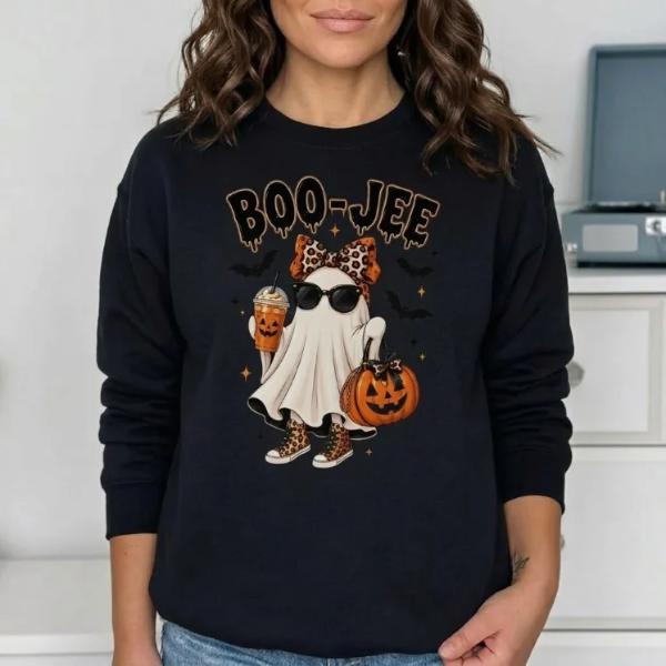 BooJee Ghost T-Shirt, Trendy Leopard Halloween Tee, Spooky Glam Graphic Shirt, Cozy Fall Coffee Lover Outfit, for Men & Women