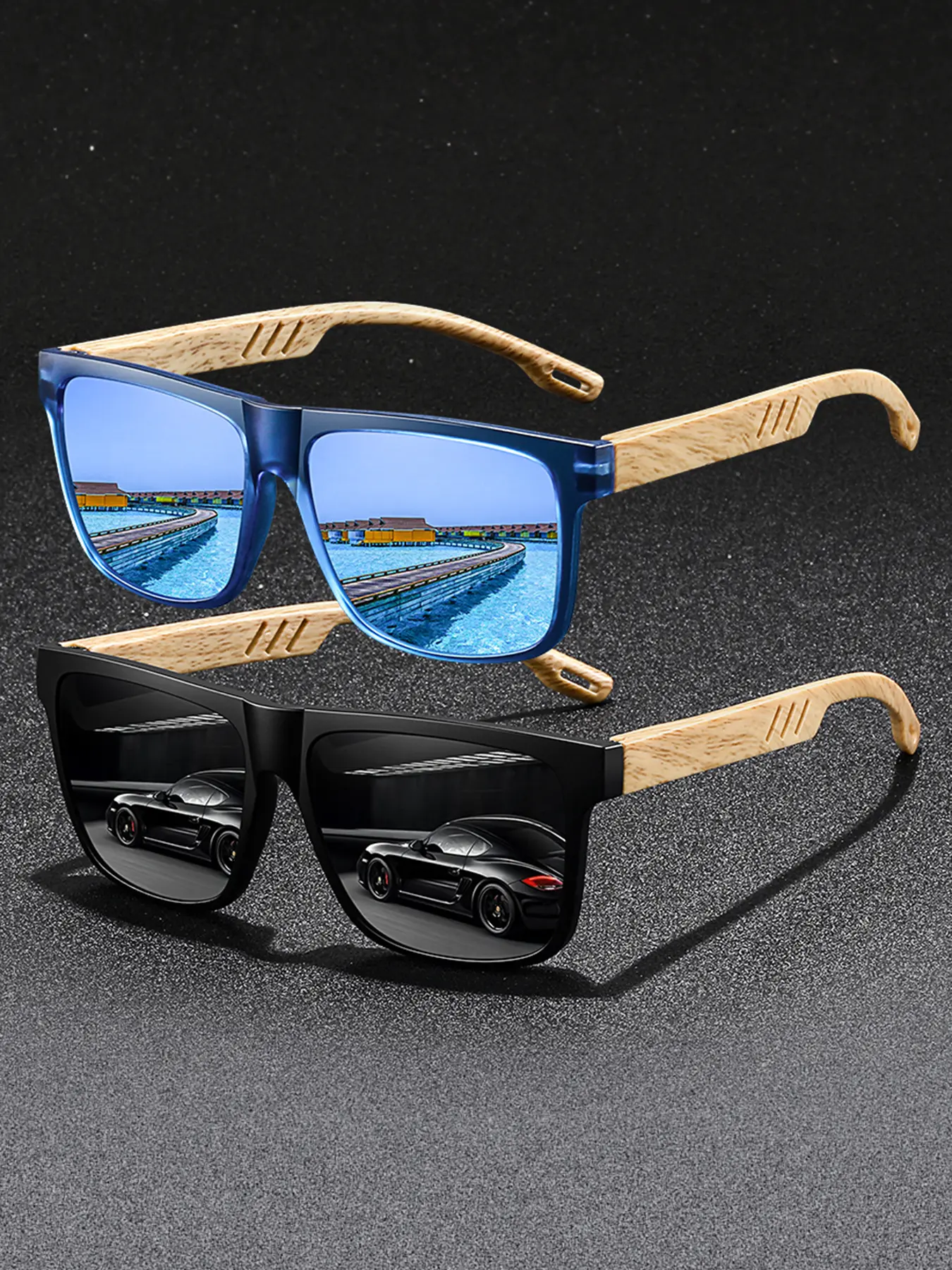 2 pairs of the latest retro hollowed out glasses, available in multiple colors, with a retro wood grain like square frame made of polycarbonate material, fashionable and lightweight, comfortable to wear, perfect for fishing, beach, driving, and vacation.