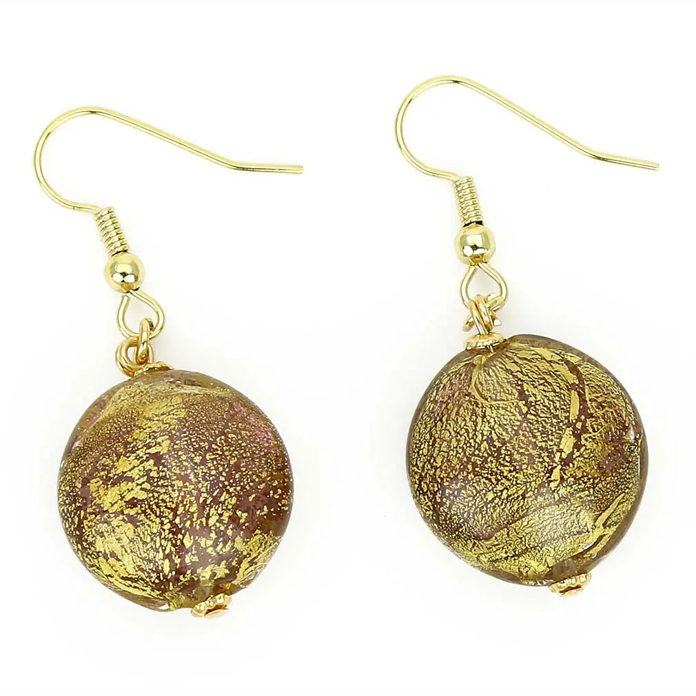 Women's Classic Italian Style Murano Glass Earrings - Glass Of Venice Ca D'Oro, Handmade Art Pieces, 3/4 Inch Diameter Purple Round Costume Jewelry, Elegant Anniversary Accessories for Females