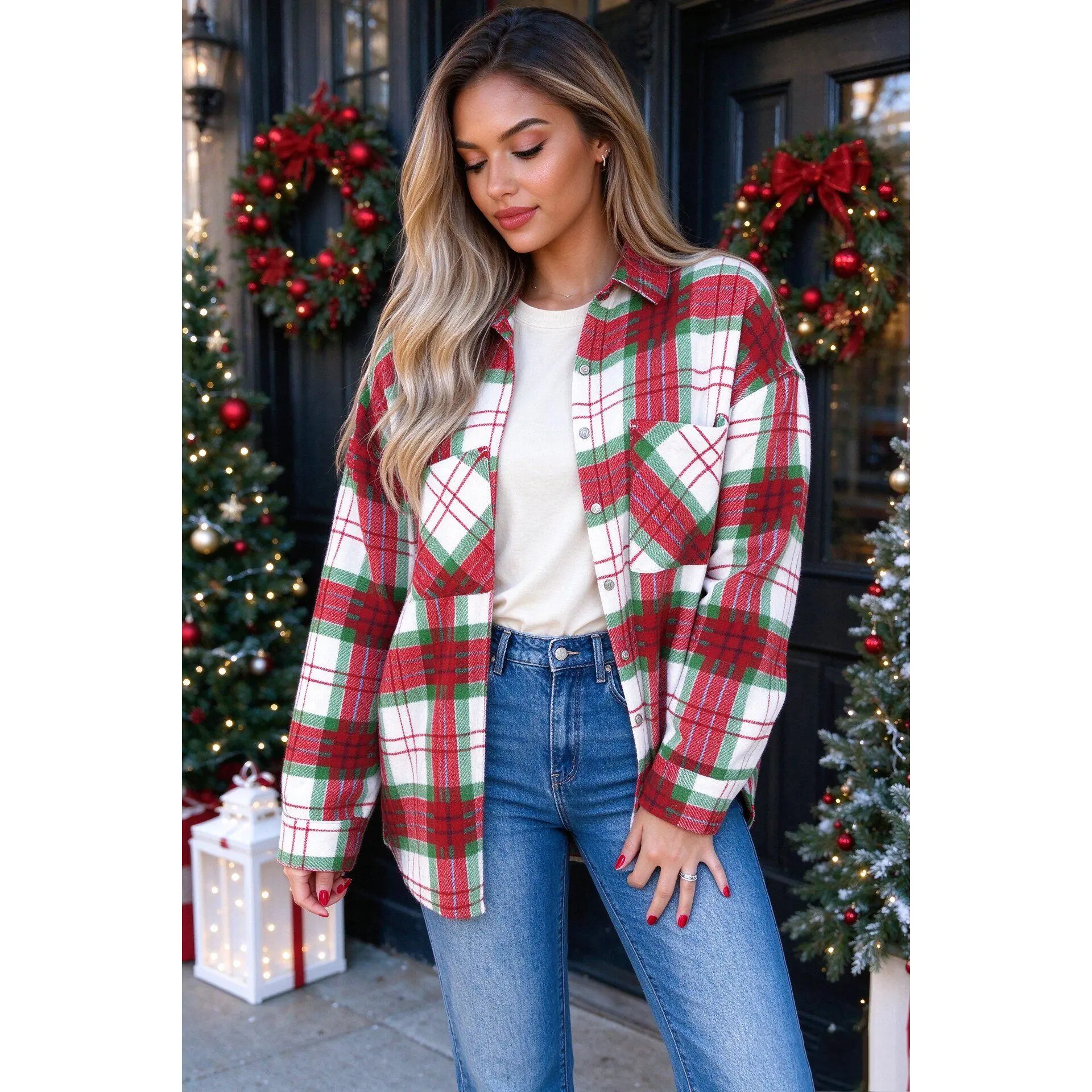Women's Christmas Plaid Flannel Shacket, Long Sleeve Button Down Shirt Jacket with Pockets, Casual Festive Outerwear