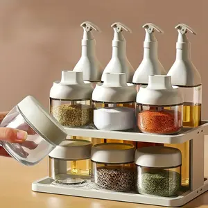 Glass Condiment Set with Storage Rack, for Oil, Soy Sauce, Salt, Sichuan Pepper And Chili Peppers, Salt Pepper Shakers, Leakproof Seasoning& Oil Containers for Kitchen Organization, White