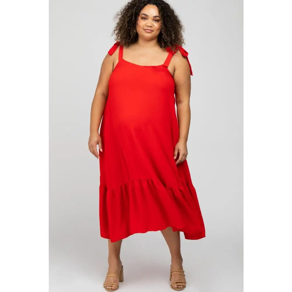 Red Strap Ruffle Hem Maternity Plus Midi Dress