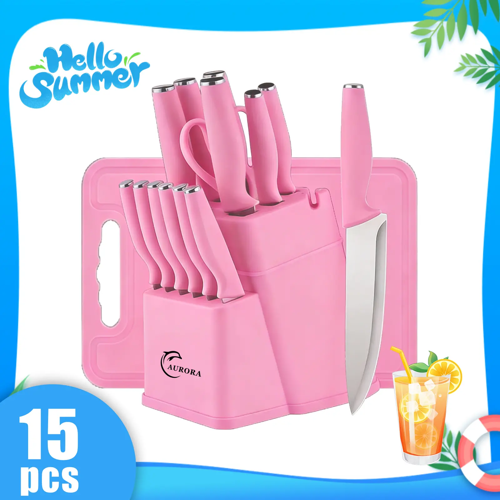 Women's 15-Piece Pink Kitchenware Set - Stainless Steel Sharp Blades, 6 Steak Knives, Knife Holder, Cutting Board, Sharpener, Ergonomic Handles, Attractive Design - Ideal for Small Kitchens