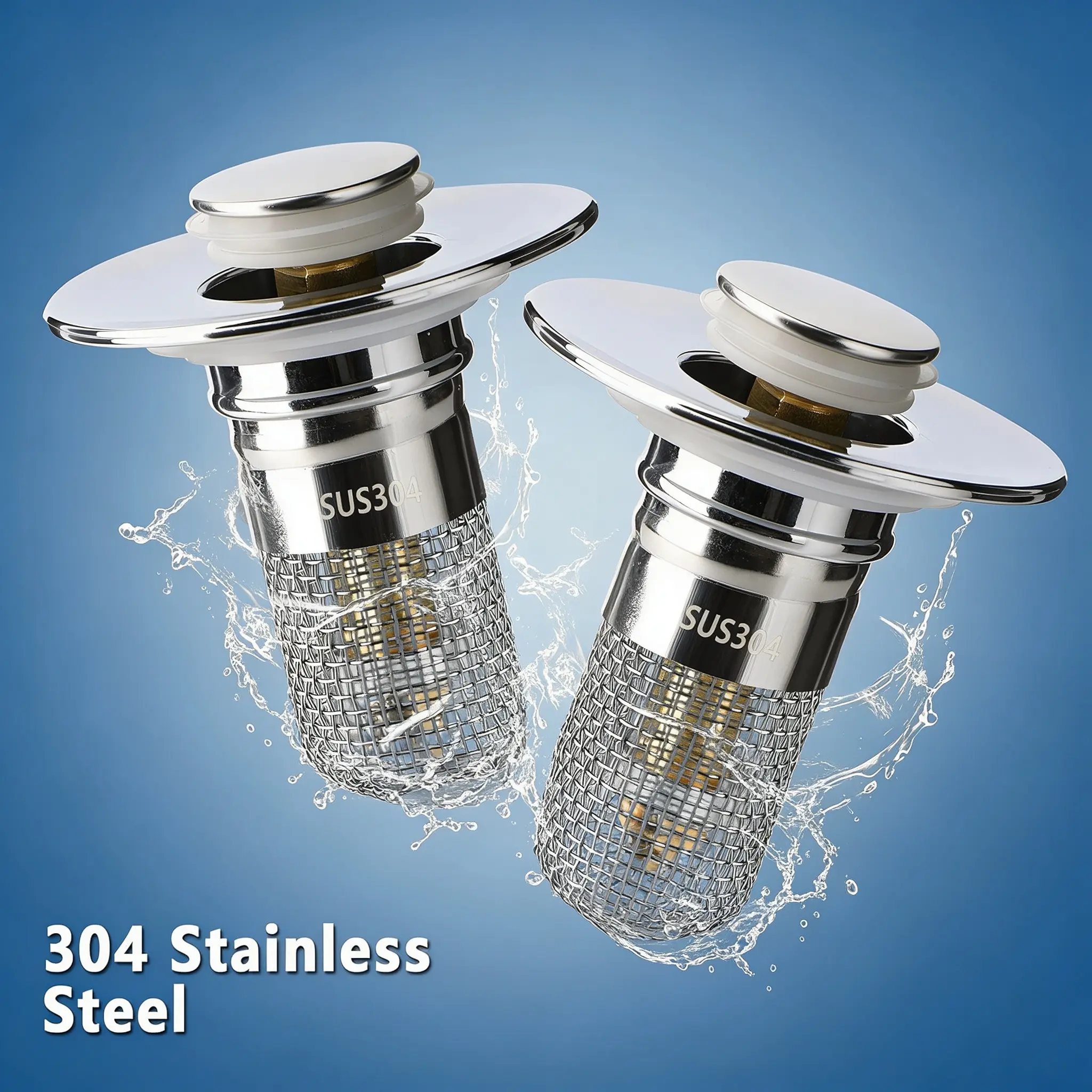 2pcs 304 SS Bathroom Sink Drain Strainer Pop-Up Stopper with Removable Stainless Steel Filter Basket, Clogs Prevention for US Universal Bathroom & Kitchen Basins
