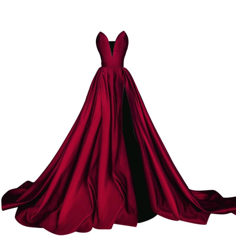 Burgundy Strapless Prom Dress – Sleeveless A-Line Slim Waist Gown with Train for Weddings & Parties