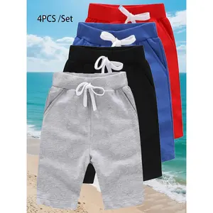 Set of 4 Boys' Shorts, New Summer Style, Shorts, Red+Black+Blue+Grey, New Clothing, Boys' And Girls' Five-Point Pants, Summer Korean Style Solid Color Shorts, Mid-Pants, Trendy Summer New Products, Korean Style Casual Waist-Tie Five-Point Pants