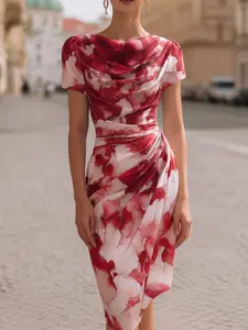 French Luxury Long Dress, Blue Gradient Abstract Print, Waist Cinched Pleated Asymmetrical Midi Dress, Elegant and Stylish, Casual Wear
