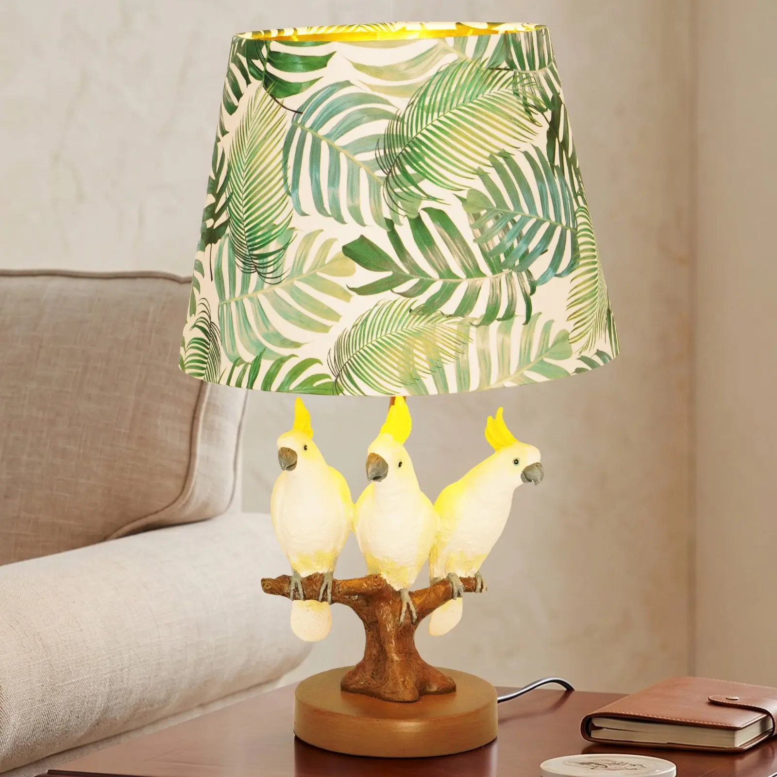 Parrot Table Lamp, 16.1 Inch Tropical Green Leaf Fabric Shade Desk Lamp, E26 Warm Light Bird Resin Bedside Lamp With Button Switch For Bedroom Living Room Side Table