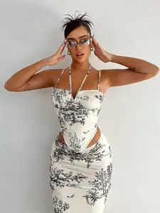 Women's All Over Print Skirt Set, Elegant Halter Neck Backless Corset Crop Top & Ruched Bodycon Skirt, Ladies Summer Clothes for Party Dating, Skinny Womenswear, Cute Two Piece Sets, Matching Clothing Set