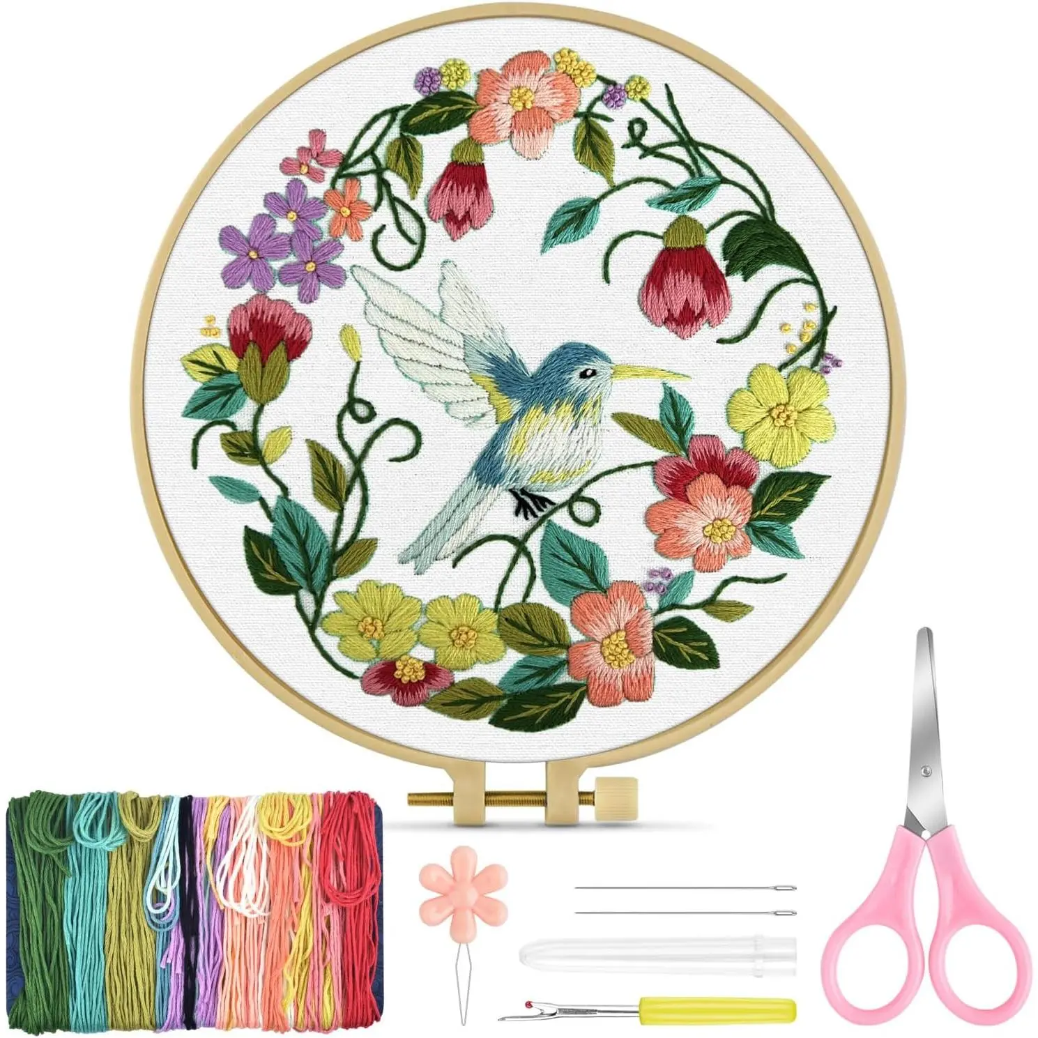 Embroidery Kit for Beginners Adult, Hummingbird Embroidery Kit for Beginners Include Embroidery Cloth Hoops Threads for Craft Lover Hand Stitch with Embroidery Skill Techniques