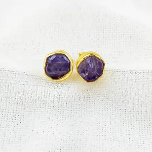 Rough Cut Amethyst Button Studs