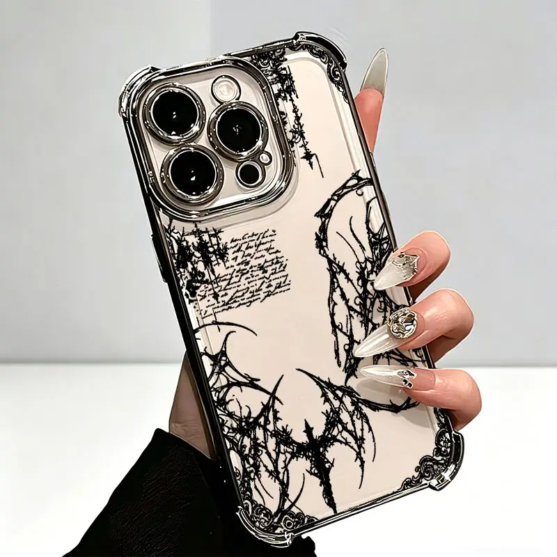 KKLLYY Gothic Thorns & Vintage Manuscript Print Silicone-TPU Cellphone Case - Shockproof Electroplated Durable Protection Cover, Dark Academia Grunge Aesthetic Casing for iPhone 13/14/15/16/17/18 Pro Max Mobile Accessories