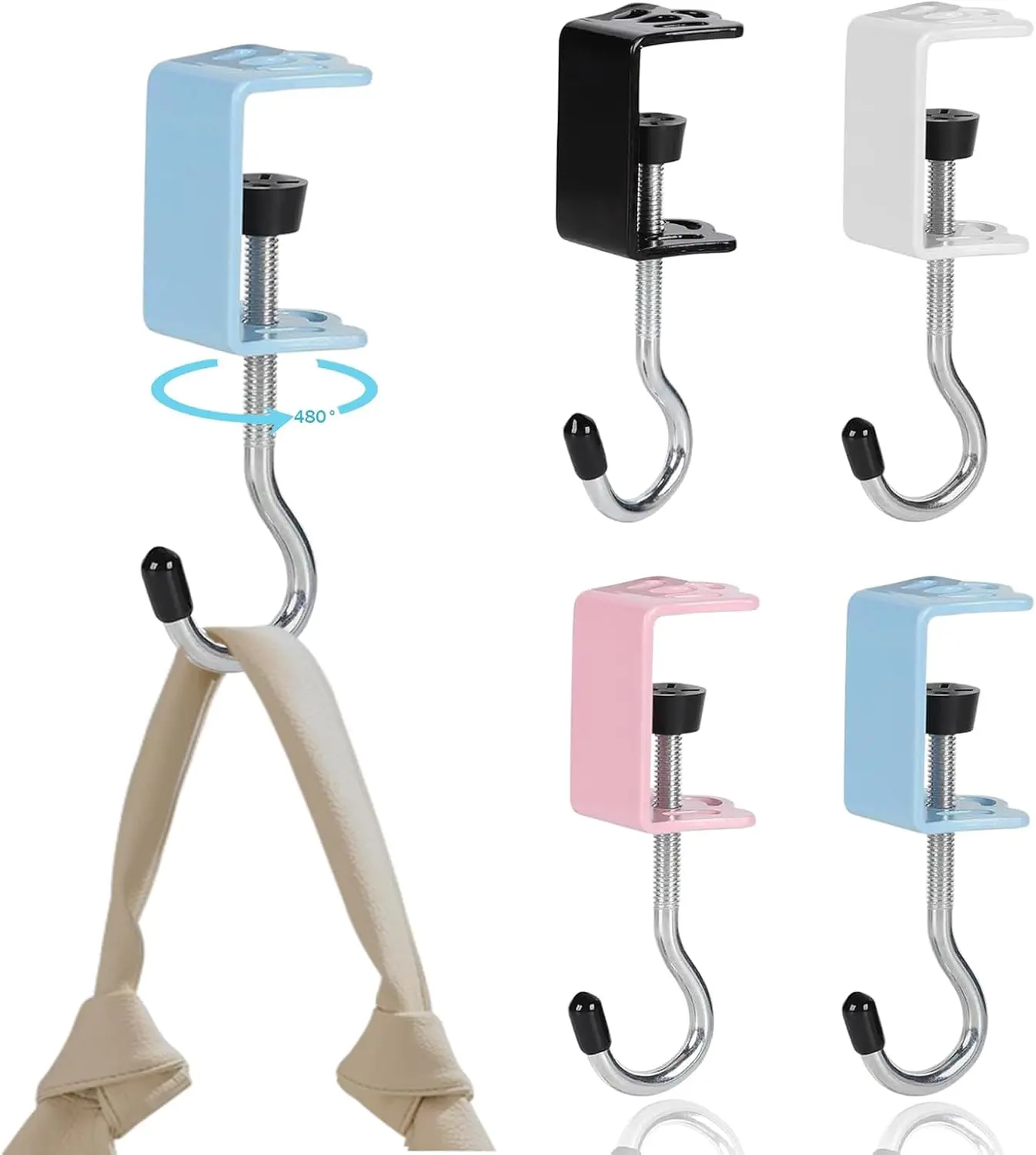 4 Pack Adjustable Purse Hooks for Table & Desk - 50lb Capacity Heavy-Duty Alloy Backpack Hanger, Purse Hanger for Handbag, Headphone, Umbrellas, Space-Saving Purse Organizer (Multicolor)
