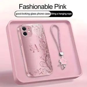 Suitable for [iPhone 12 Mini] high-end women's phone case🤩，a beautiful four-leaf clover lanyard is included🍀，a free four-leaf clover lanyard is included, with 26 letters of the alphabet to choose from and exquisite flower patterns YM99