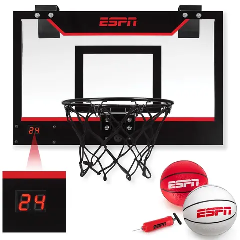 ESPN Mini Basketball Hoop, Over The Door Basketball Hoop with Electronic Scoreboard, Includes 2 Mini Basketballs and Pump