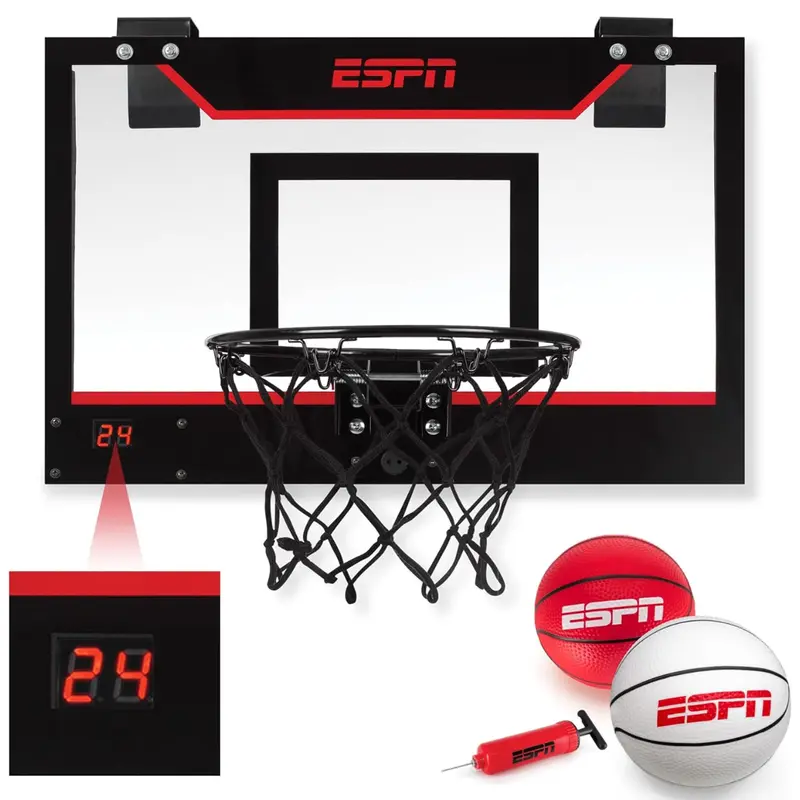 ESPN Mini Basketball Hoop, Over The Door Basketball Hoop with Electronic Scoreboard, Includes 2 Mini Basketballs and Pump