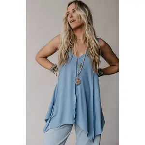 Three Bird Nest Drift Away Top - Bohemian V Neck Tank Top with Sharkbite Hem & Oversized Fit in Blue - 78% Polyester, 18% Rayon, 4% Spandex - Made in USA