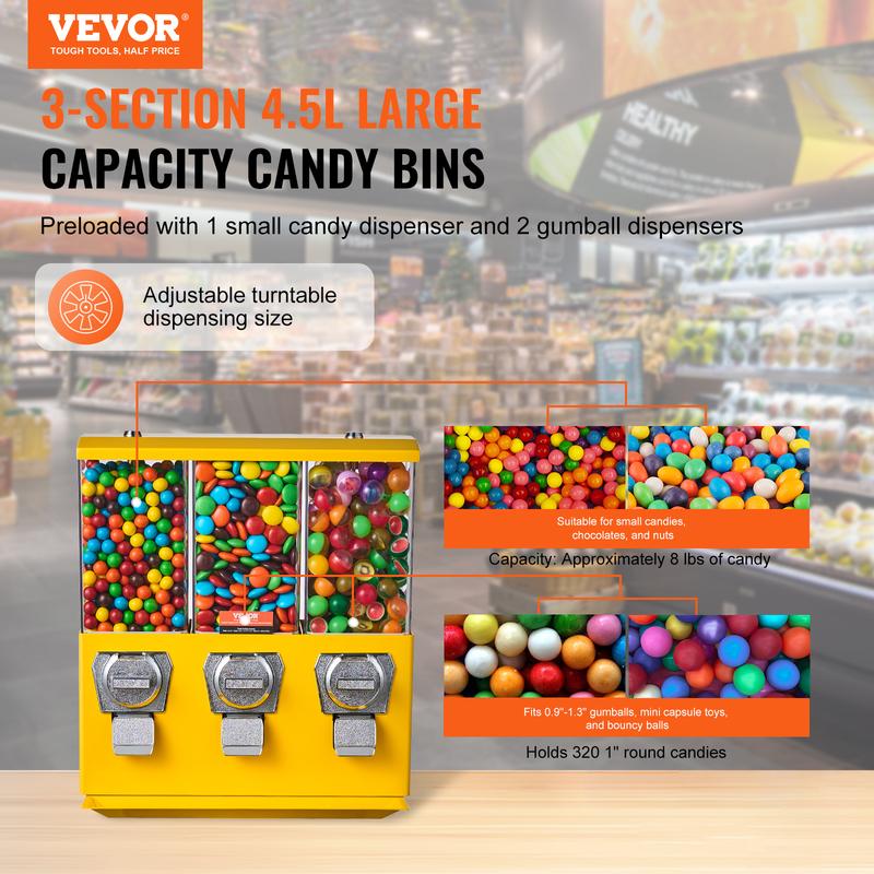 VEVOR Commercial Vending Machine,  , Triple Compartment Candy Dispenser with Iron Stand, Gumball and Candy Machine for Business, Coin Operated Gumball Bank for Toy Capsules Bouncy Balls Candy Nut, Yellow