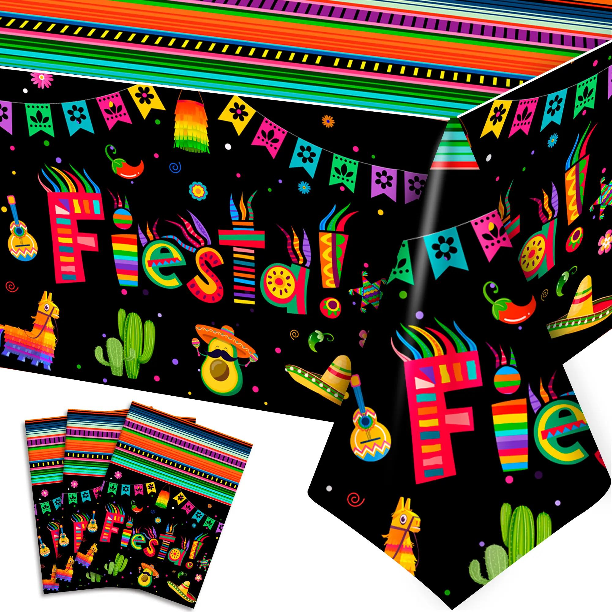 Mexican Fiesta Party Tablecloth, 3pcs Mexican Fiesta Tablecloths Set - Mexican Tablecloth for Fiesta, Cinco de Mayo Table Covers & Cinco de Mayo Fiesta Tablecloth, for Mexican Fiesta Party Decorations