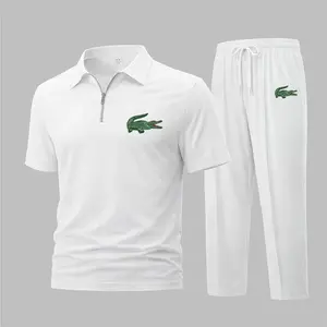 Men's Mechanical Crocodile Print Waffle-Knit Polo Shirt Set, Short-Sleeve Zip-Up Collar Top with Matching Athletic Trousers, Casual Sportswear Outfit