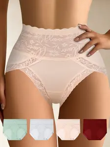 QUASTI 4 Pack High Waist Lace Women's Briefs With Printed Design, High Stretch Sexy Women's Briefs, Fit Everyday Wear Elegant Fashion Women's Briefs，S-XXL Breathable Fabric Seamless