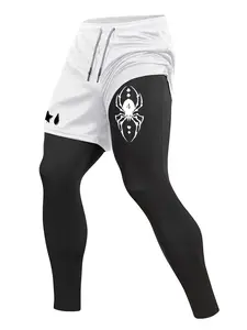 Men's Spider Print Athletic Stretchable 2 in 1 Compression Pants, Spring Fall Gym Workout Fitness Tights Leggings with Phone Pocket, Zipper Pocket, Towel Loop, Sporty Running Quick Dry Baselayer Activewear, Gym Sportswear Bottoms