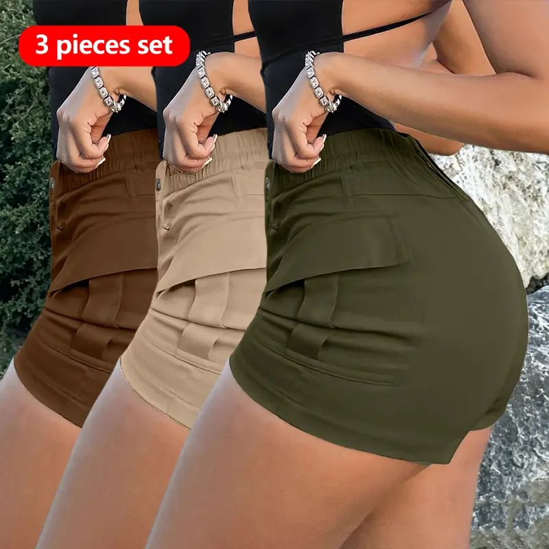 3-pack — women’s solid-color straight shorts, cargo shorts, casual hot pants, trendy cargo style, high-waisted slim fit design, suitable for everyday wear, going out shopping, and outdoor activities