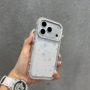 Glitter Star Pattern Phone Case With Rhinestone-framed edge and Hd Back for iPhone 17 16 15 14 13 12 Pro Max  Featuring Elegant