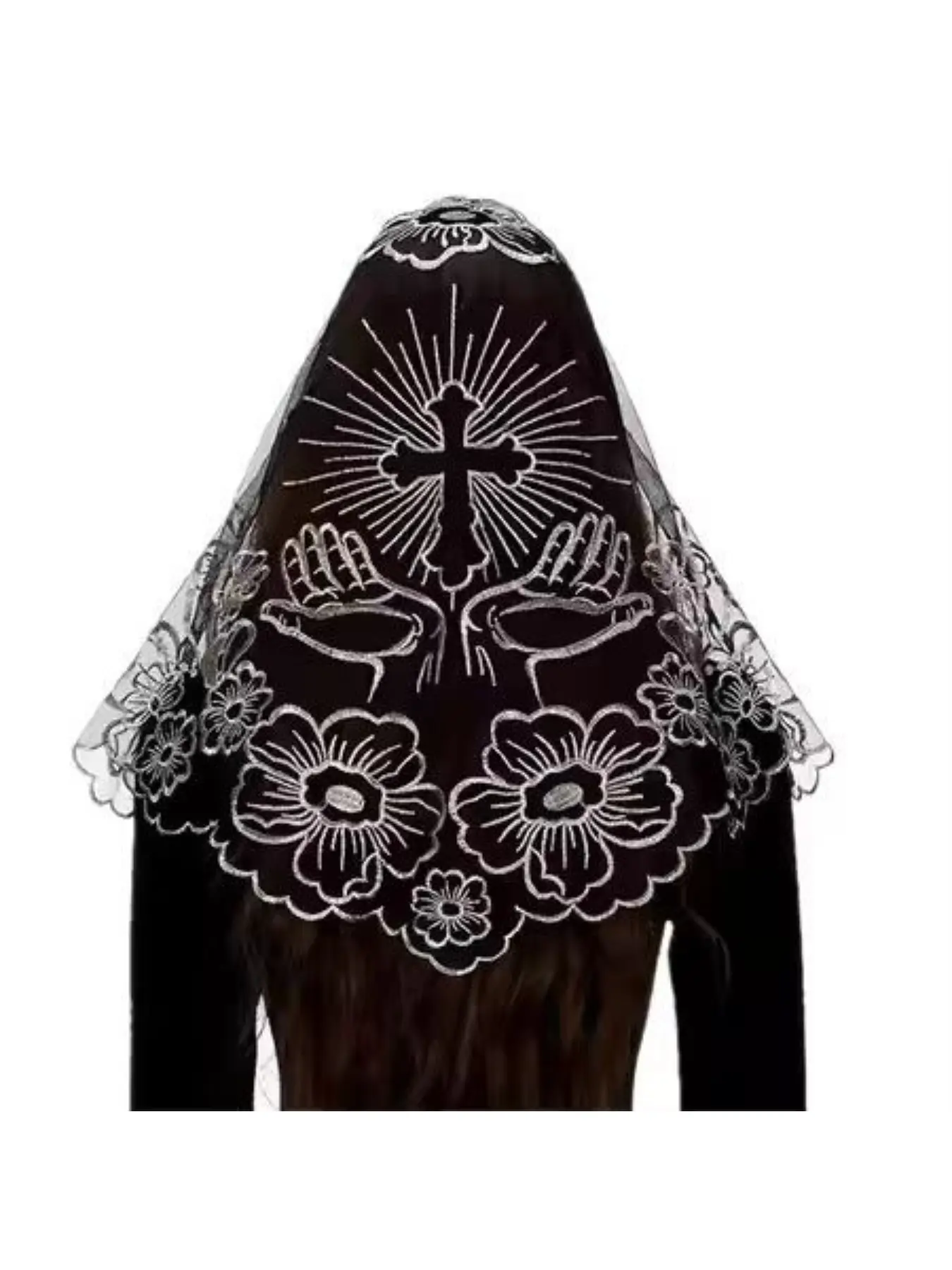 New embroidered veil cross church black silver platinum popular Floral headscarf Boho Shawl Boho Style Scarf