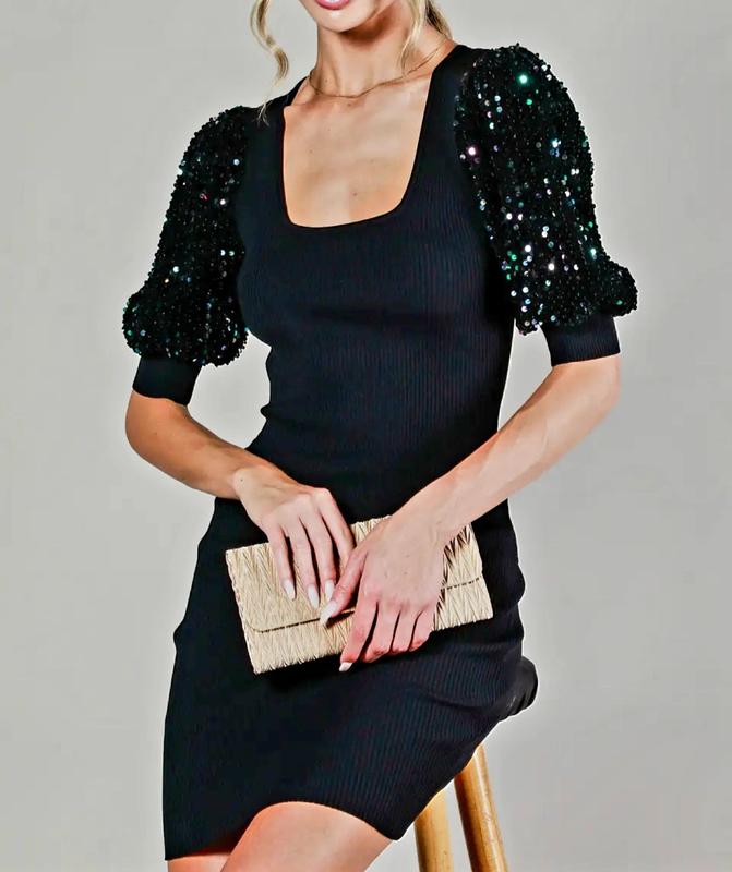 MULTI COLOR SEQUIN PUFF SLEEVE BLACK RIB MINI DRESS |