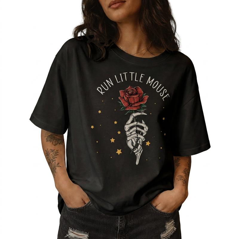 Run Little Mouse Skeleton Rose Women's Cotton Tee Dark Romance Bookish Graphic T-Shirt