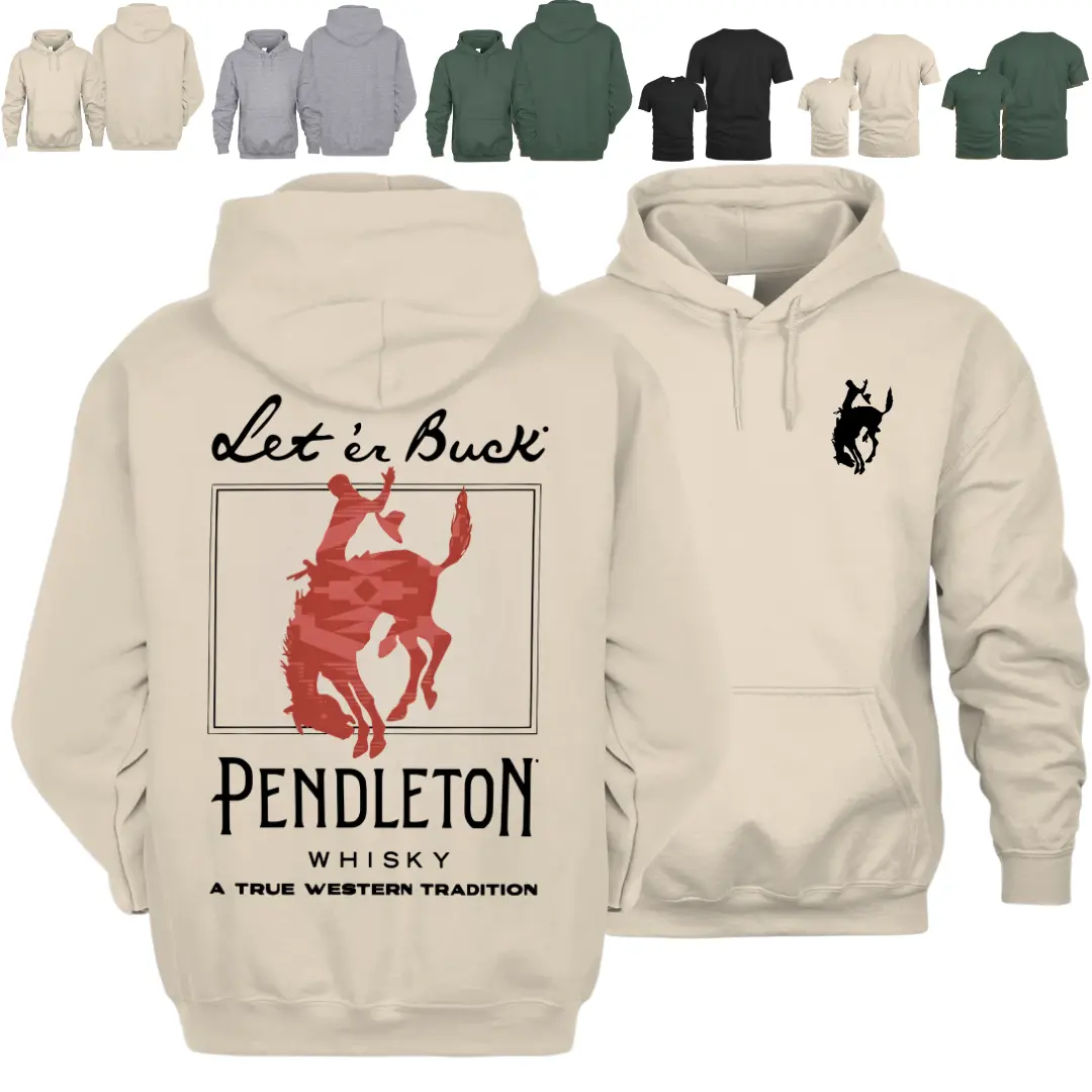 Pendleton Let ’Er Buck Rodeo Hoodie Tshirt – Bucking Horse Vintage Western Graphic, Cowboy Ranchwear Style Sweatshirt, Country Gift for Men