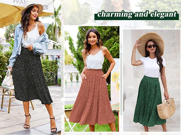 Zeagoo Women's Midi Skirts High Waisted Pleated A-Line Swing Skirts Summer Floral Long Skirts with Pockets