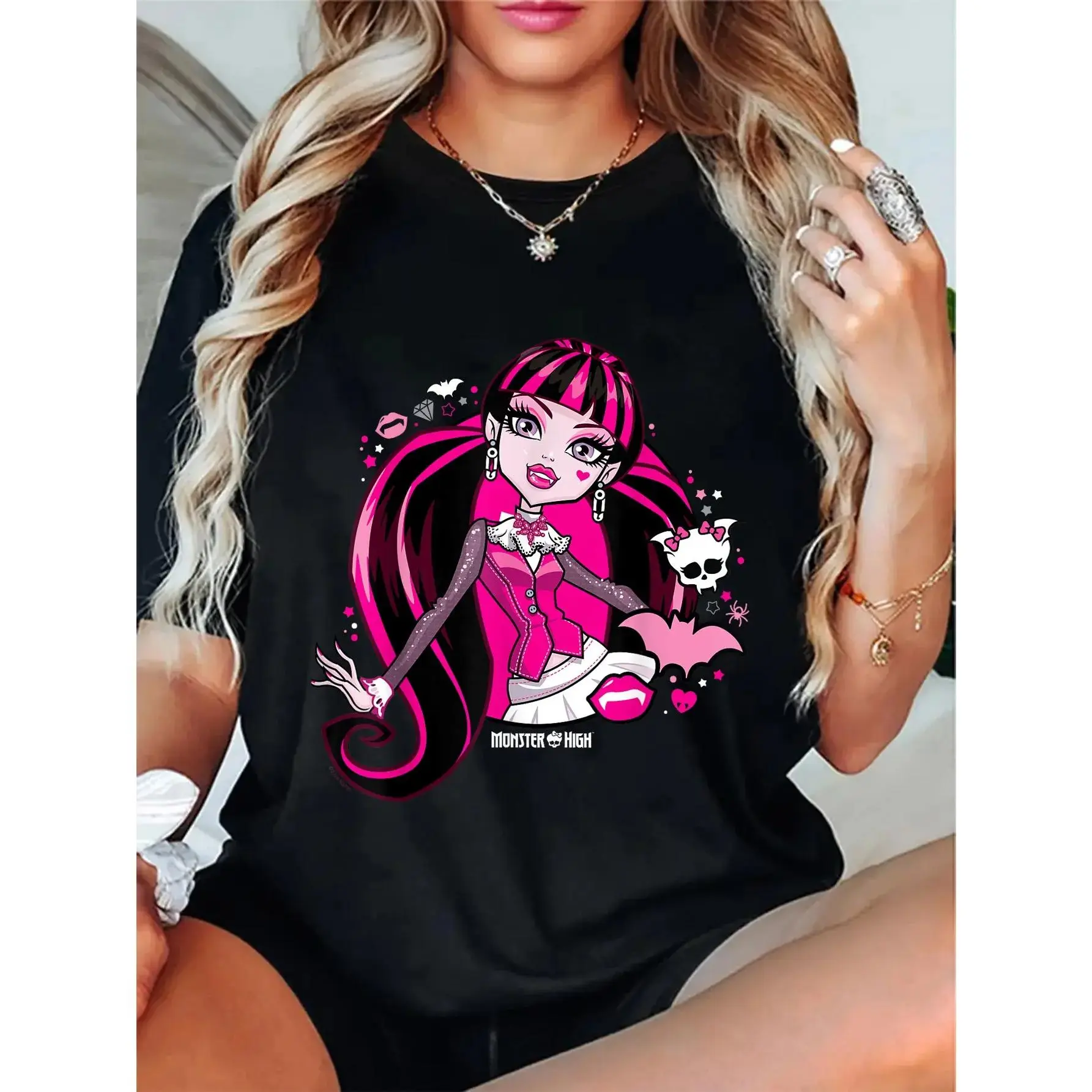 GGOR 100% Cotton Unisex Shortsleeve Round Neck T-Shirt with Monster High-Draculaura Graphic Print, Casual Streetwear Sports Top