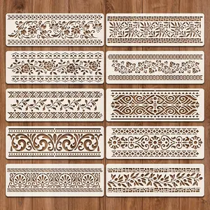 10-Piece/set Line Border Template Set, Reusable Floral Pattern Wall Art, Wood & Paper Painting Molds, Washable, 11.8"x3.9"