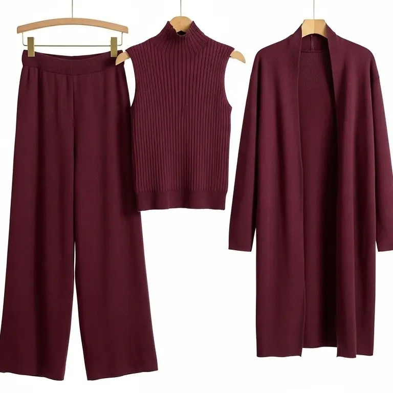 Women's plain 3-Piece Set - ColliMode Solid Mock Neck Tank Top, Wide-Leg Fabric Pants & Open-Front Long Cardigan for Fall & Winter