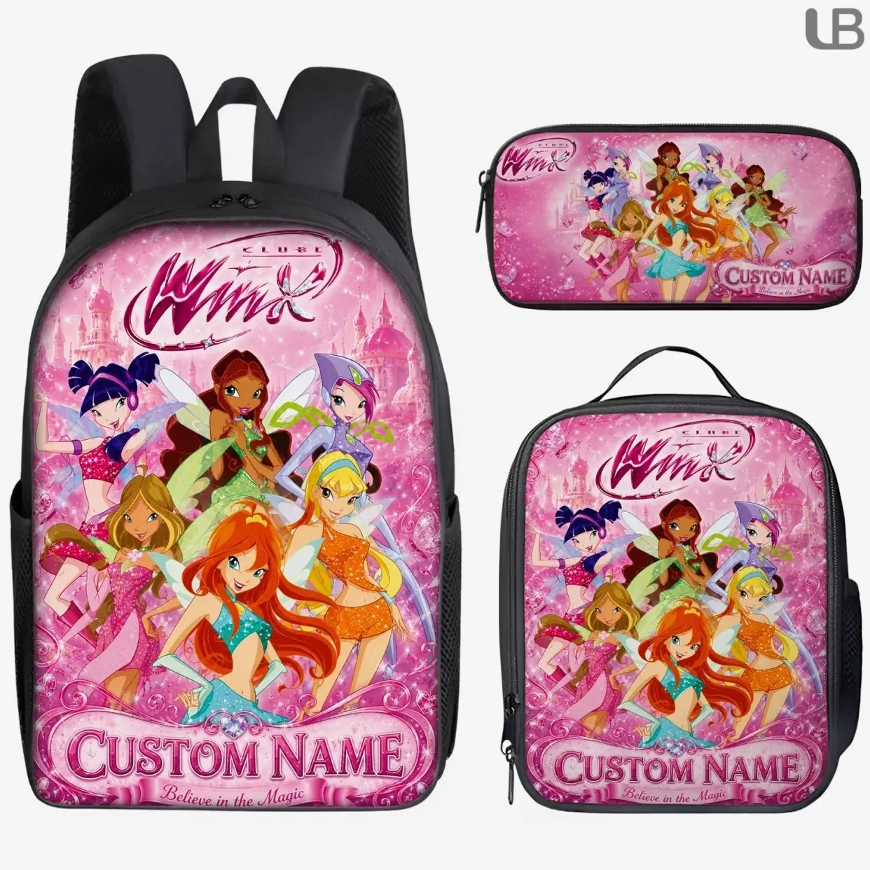 Custom Name Fairy Girl Magic School Backpack 3 Pcs Set - Kids Student Bookbag Insulated Lunch Bag Pencil Pouch - Gift for Girls