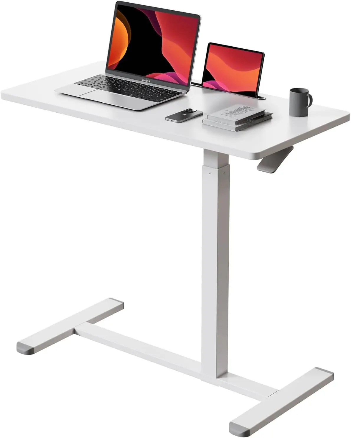 Mobile Standing Desk, Pneumatic Adjustable Rolling Desk(31.5 Inches), Portable Laptop Desk with Wheels, Overbed Bedside Table Laptop Table for Couch, , Office, White