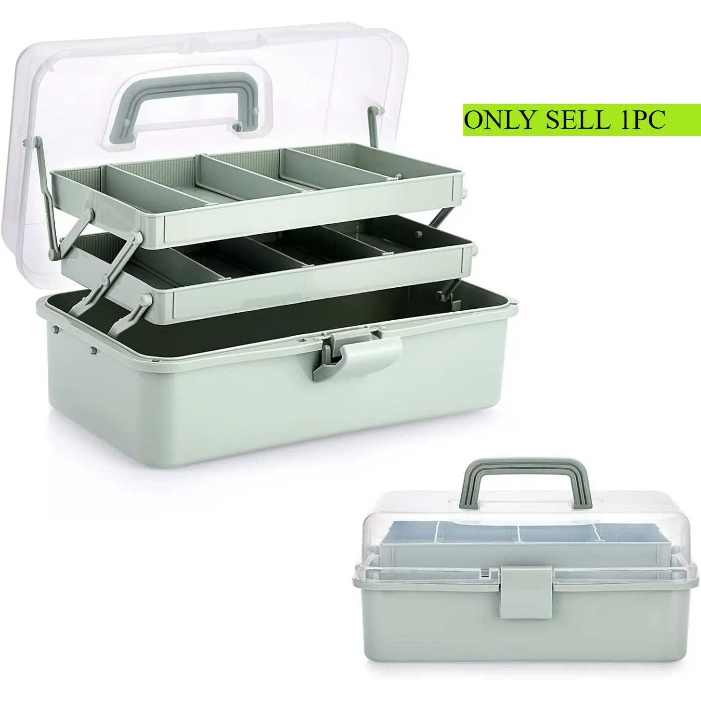 3-Layer Plastic Dividing Storage Craft Organizer with Adjustable Spacers and Portable Handled Multipurpose Home Utility Box for Medicine, Sewing and Art Supply