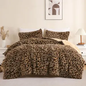 Print  Faux  Comforter Set  Size, 3 count Brown Leopard Plush Shaggy Fuzzy Bedding Set, Ultra Soft Luxury Furry Boho  Print  Season Comforter for Women Girls